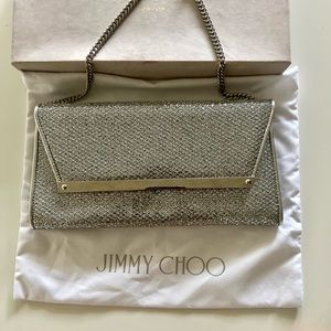 Jimmy Choo Silver Glitter Margot Chain Clutch.